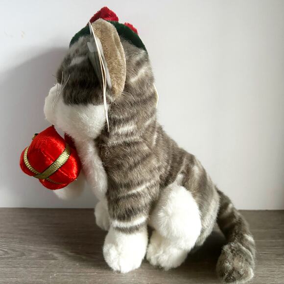 Christmas Holiday Gray Tabby Cat in Santa Hat w/ Gift Stuffed Animal w/ Tags - Picture 3 of 7